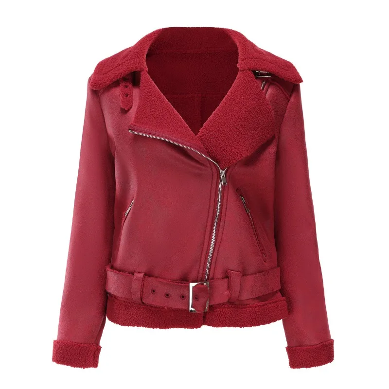 Autumn and Winter 2024 Fur One Warm Ladies Jacket European and American Leather Women with Belt Lapel Coat Women