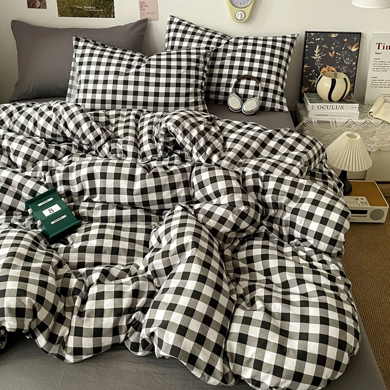 3pcs Classic Plaid Duvet Cover Set (1 Duvet Cover + 2 Pillowcases, NO Comforter or Pillow Inserts Included)