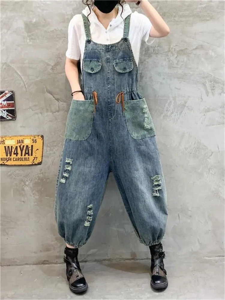 High Street Women Clothing Holes Denim Suspenders Spring Autumn New Korean Fashion Color Contrast Printed Female Loose Jumpsuit