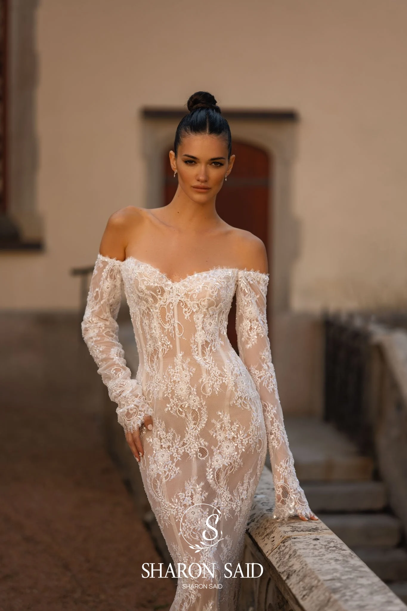 Sharon disse sexy espartilho sereia fora do laço branco vestido de casamento 2025 mangas compridas querida decote vestidos de noiva sw195 personalizado