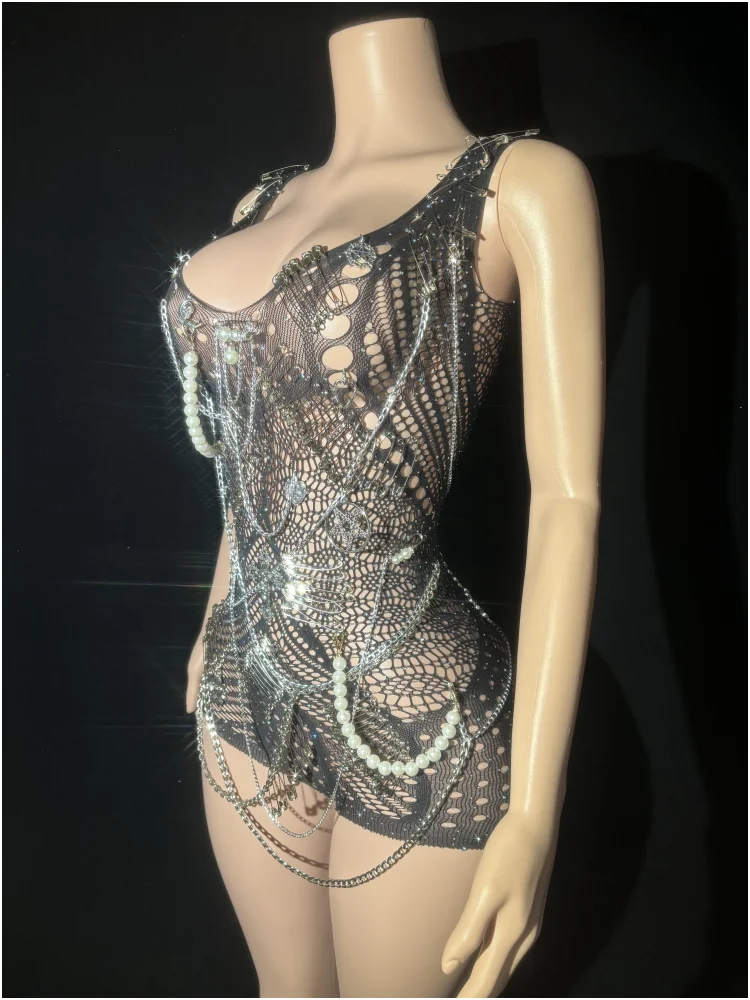 Stock Women Sparkling Metal Chain Sleeveless Cut Out Bodycon Bodysuit Celebrity Nightclub Bar Party Stage Performance Clothing