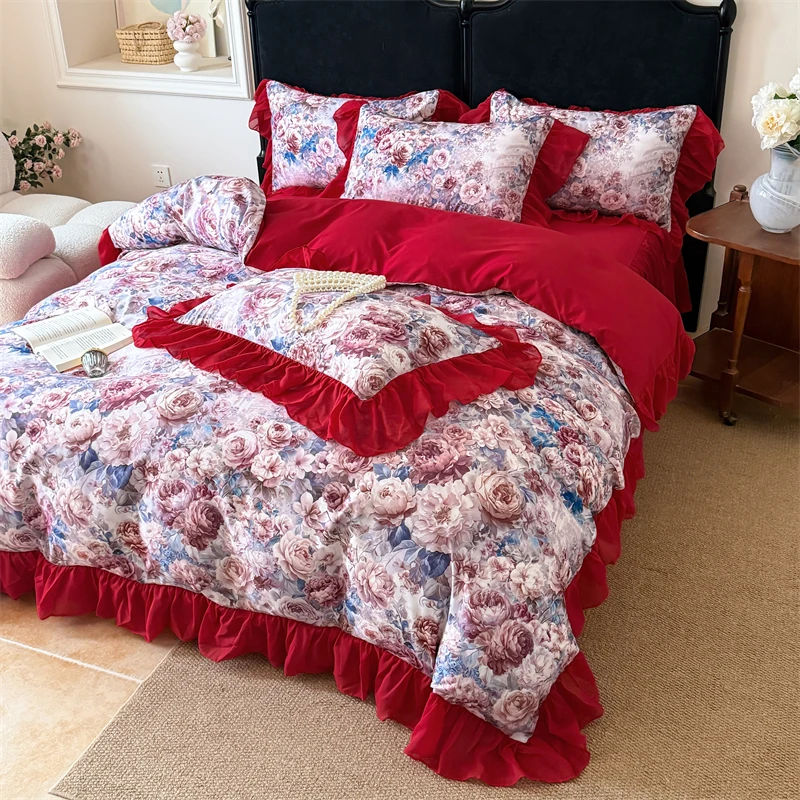 French Style Duvet Cover with Pillowcases Flower Printed Soft housse de couette Single/Queen/King Size Quilt Covers Set 이불커버