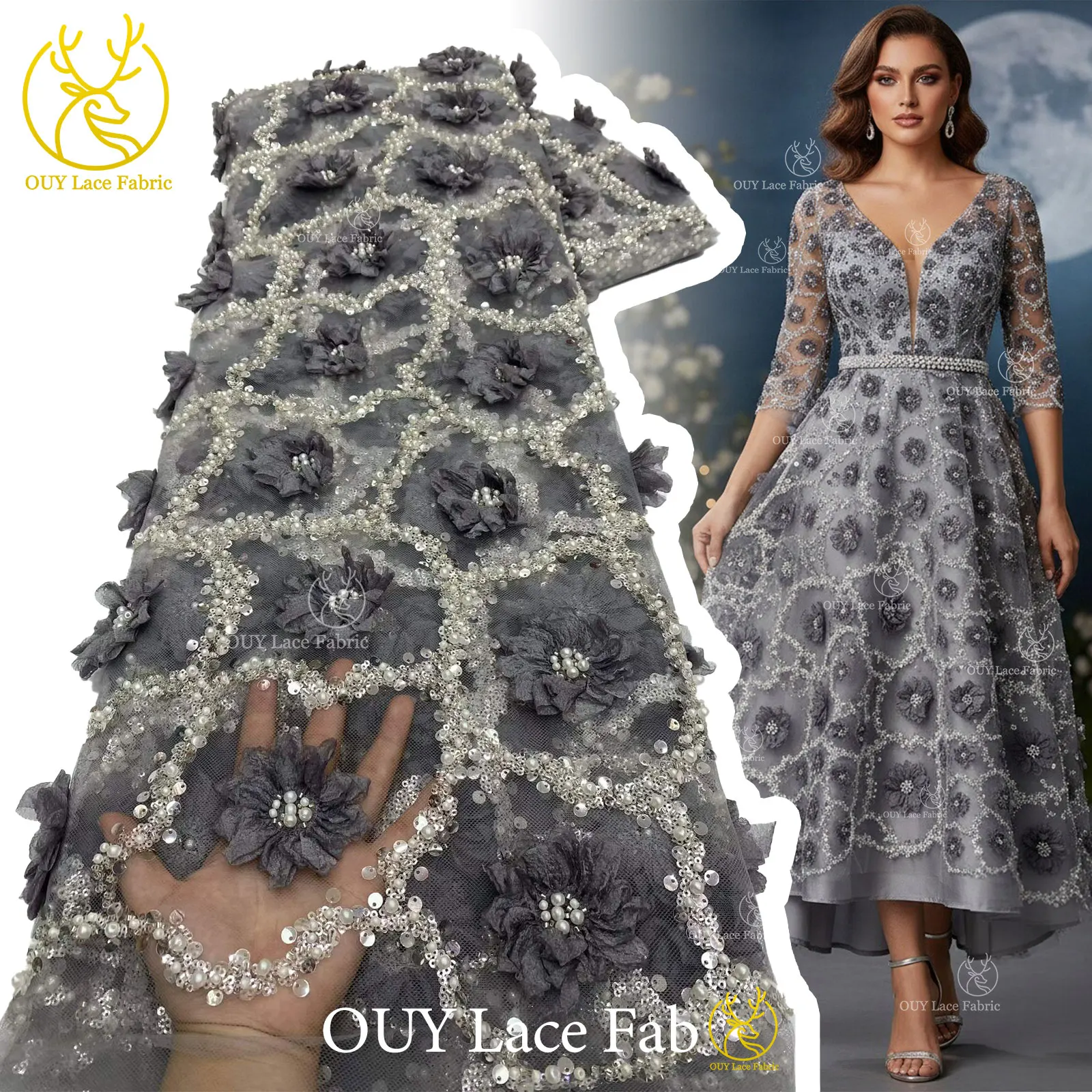 

Elegant Evening Dress 3D Flower Lace Fabric African Sequins Beaded Lace Fabric High Quality Nigerian French Tulle Lace Fabric