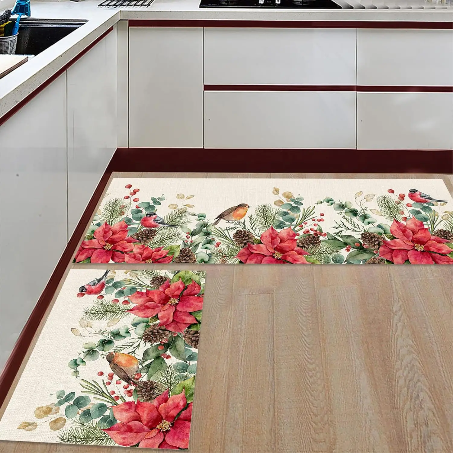 Christmas Robin Poinsettia Holly Berry Kitchen Mat Decor Anti-slip Corridor Balcony Rugs Bathroom Floor Mat Christmas Decoration