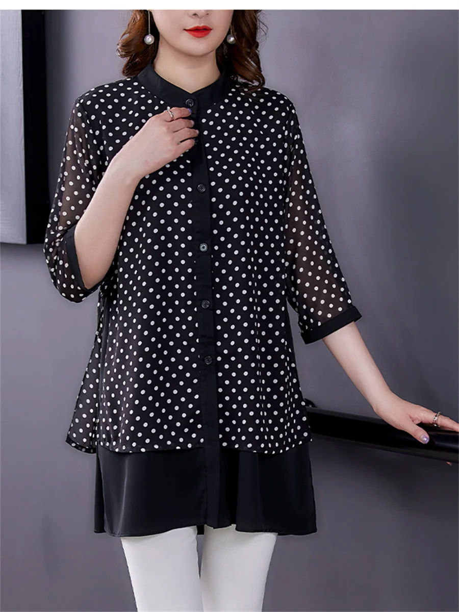 4XL Loos Women Spring Summer Blouses Shirts Lady Fashion Casual Half Sleeve O-Neck Collar Polka Dots Print Blusas Tops CT0420