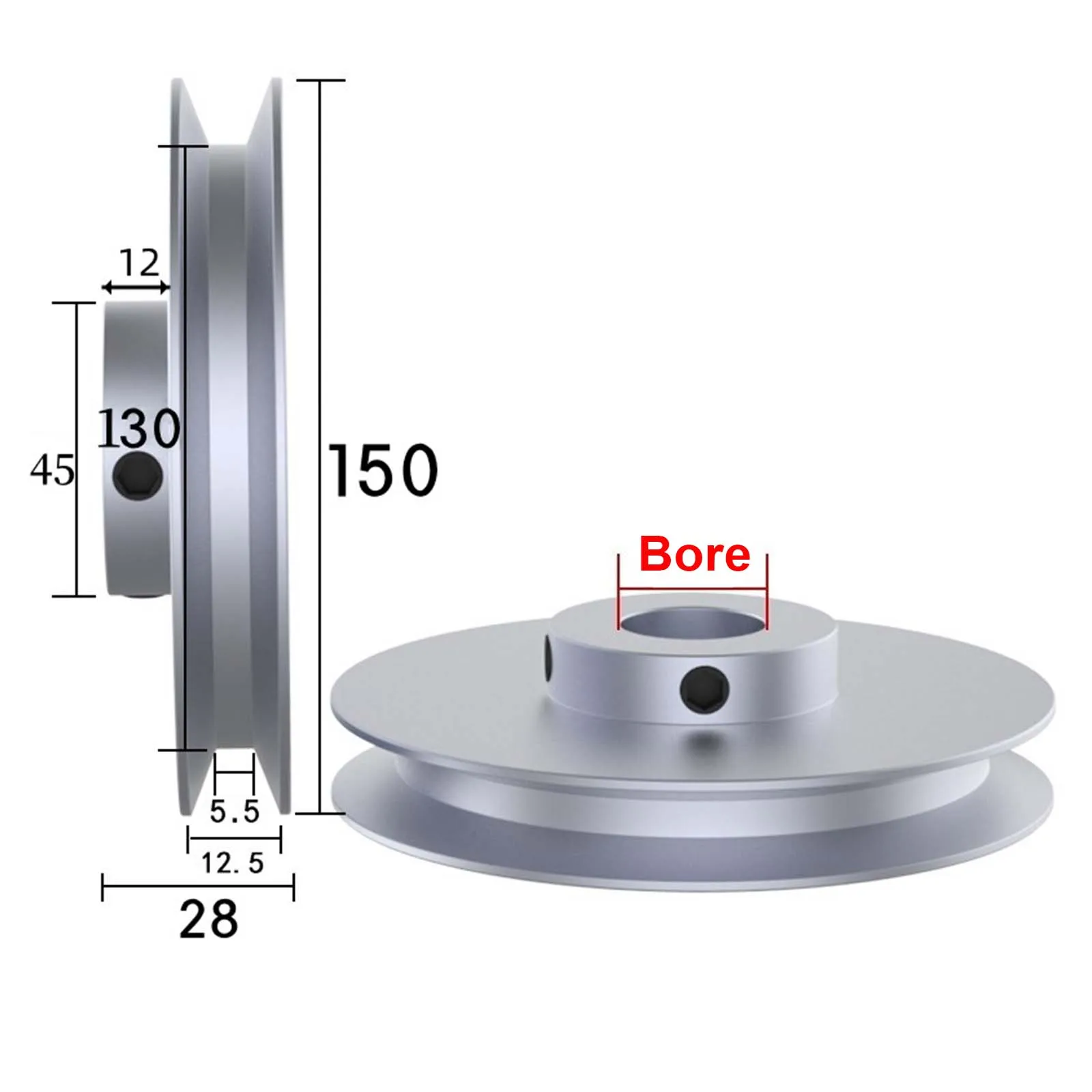 OD 150mm PU Round Belt Pulley, 10mm Aluminum Alloy Round Belt Single Groove V-type O-type Belt PulleySpindle Drive Wheel