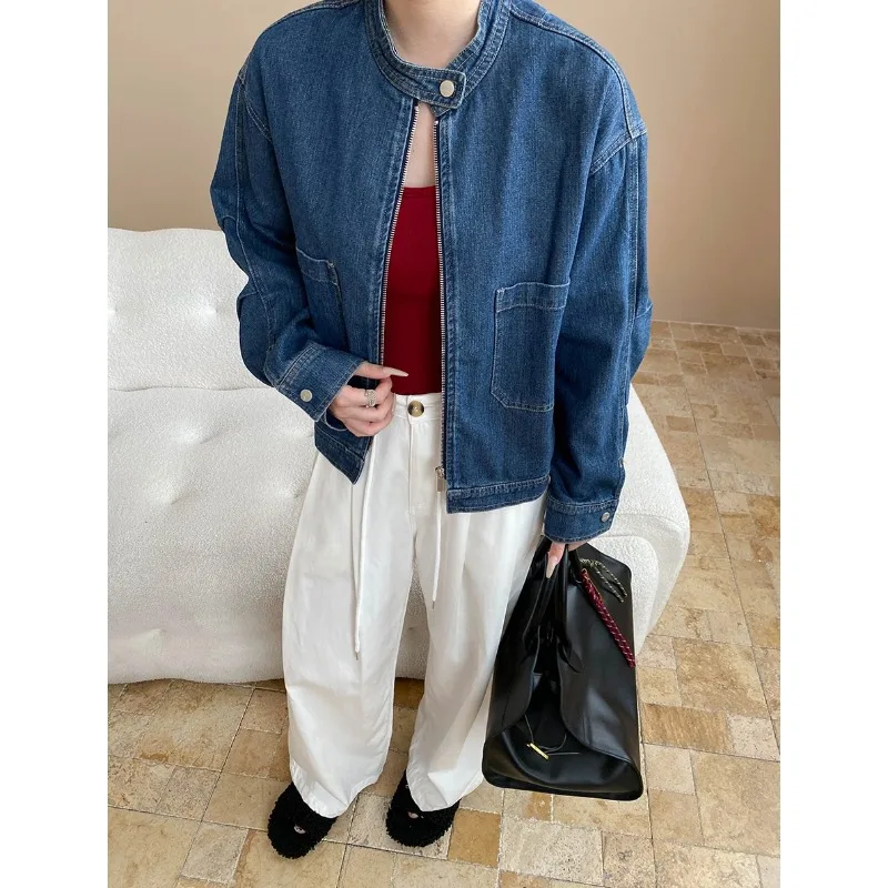 Women Denim Short Coats Solid Jackets Stand Collar Double Zipper Long Sleeves Loose Fit Office Lady Casual 2025 Spring Autumn