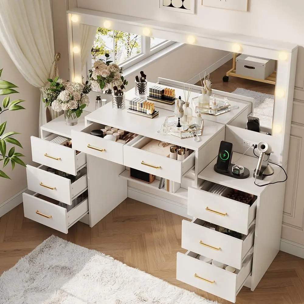 

Большой туалетный столик 55,51 дюйма с зеркалом с подсветкой, розеткой, белым туалетным столиком для макияжа и 8 ящиками, 3 режима освещения, голливудская гардеробная