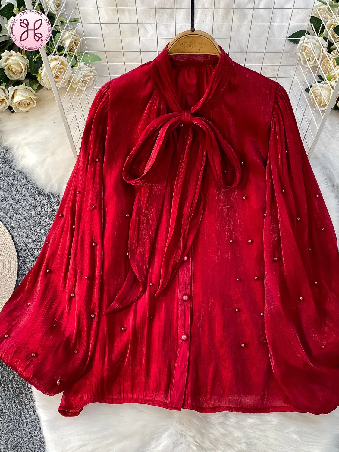 

Light Luxury Elegant Bow Tie V-Neck Lantern Sleeve Blouse Women Spring Autumn Youthful Pearl Sheer Chiffon Shirt