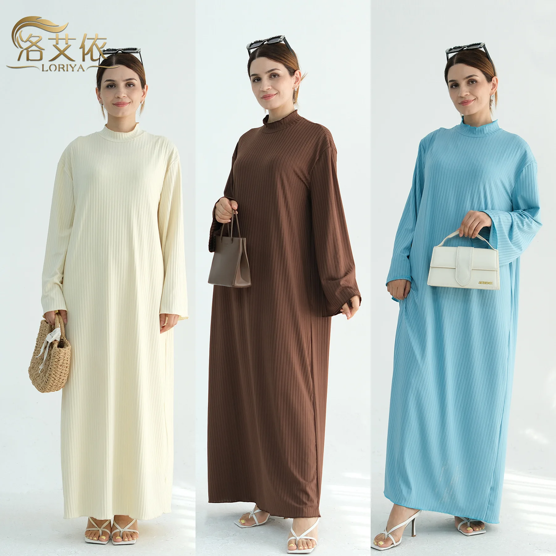 

Abayas, Middle East Dubai Turkey Multi-color Stand Collar Dress Robe, Muslim Dress Women Simple Long Sleeve Loose Ladies Robes