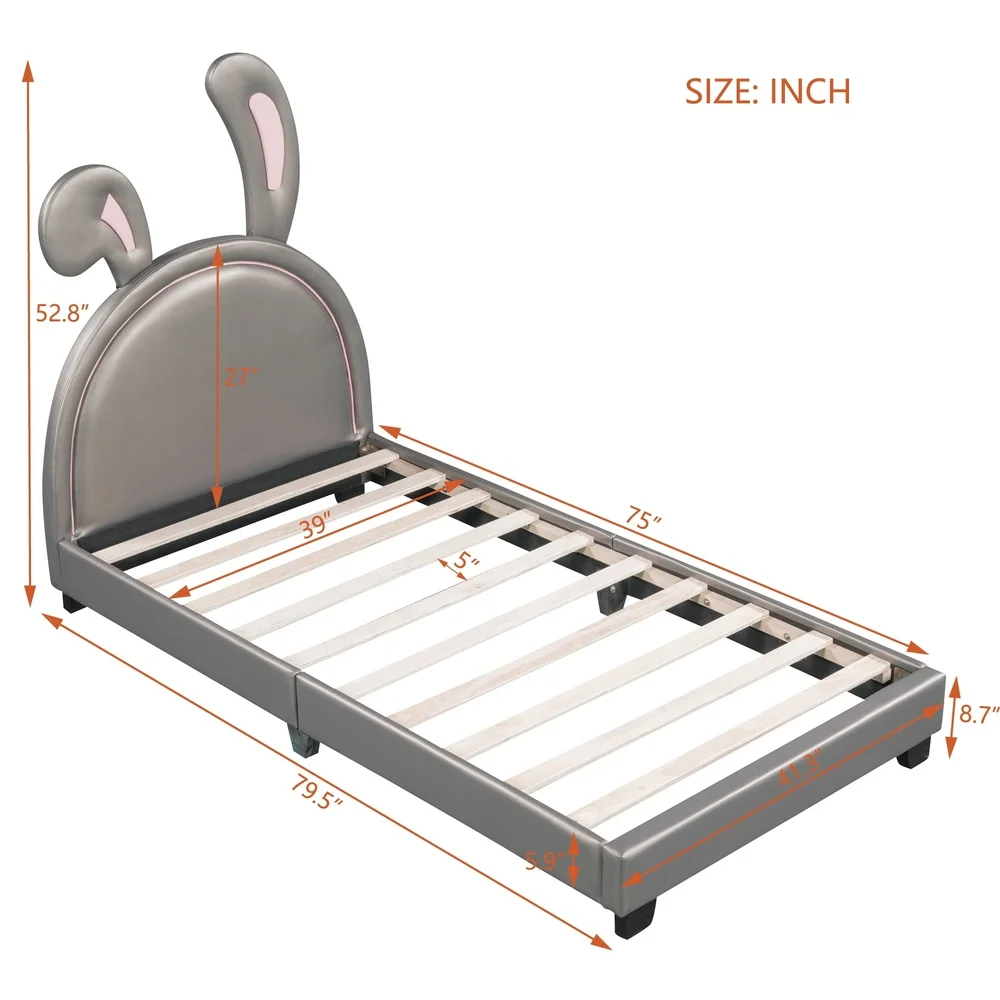 Upholstered Twin Size Platform Bed with Rabbit Ornament PU Leather Kids Bed Solid Pine Wood Frame Easy Assembly