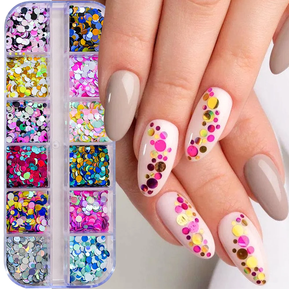12Grids/Box Mixed Confetti Round Dot Paillette Nail Charms Butterfly & Round Shapes Y2K Flake Sequins Multicolor Nail Decoration
