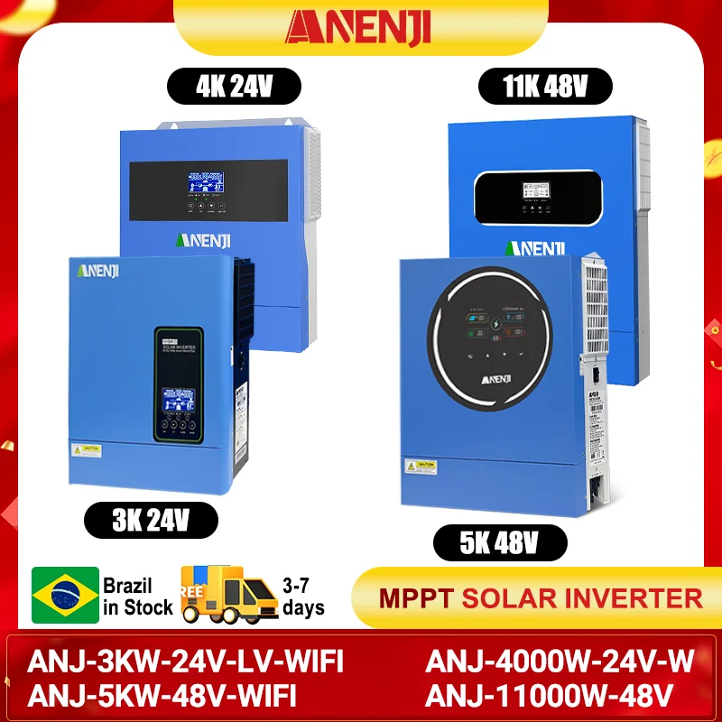 Inversor Solar Híbrido ANENJI 3KW 4.2KW 5KW 11KW Onda Senoidal Pura AC 110V 220V com Controlador de Carga Solar MPPT Integrado PV 500Vdc
