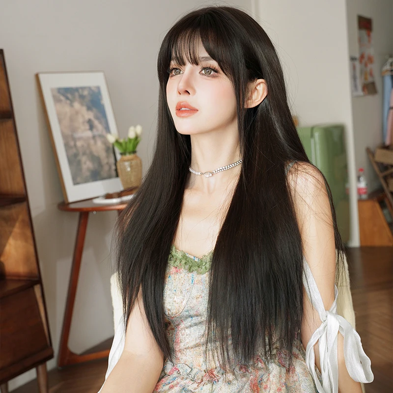 7JHH WIGS Routine Wig Synthetic Long Straight Dark Brown Wigs with Fluffy Bangs Soft Layered Hair Wig for Women Glueless Wig