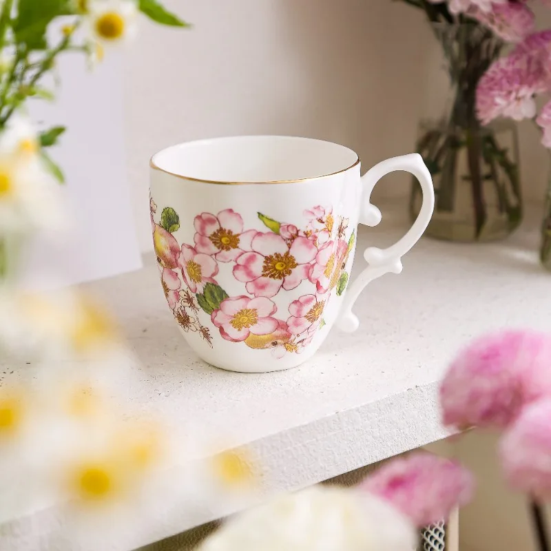 M.JOLAN Bone China Mug Bone Ash, Flower-Handle & Heraeus Gilding, Luxury Tea Cup,Perfect for Self-Use & Gifting Occasions