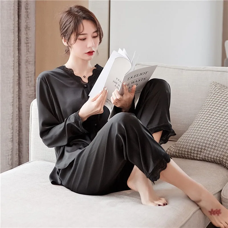 Zijden Pyjama Voor Vrouwen Ijs Zijde Sexy Kanten Lange Mouwen Broek Loungewear Dames Tweedelige Pak Huishoudelijke Kleding Nachtkleding