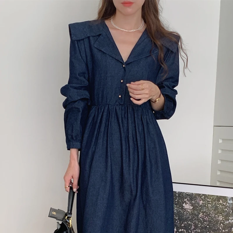 Women\'s Spring Vintage Long Denim Shirt Dress Sailor Collar Single Breasted Maxi A-line Dresses