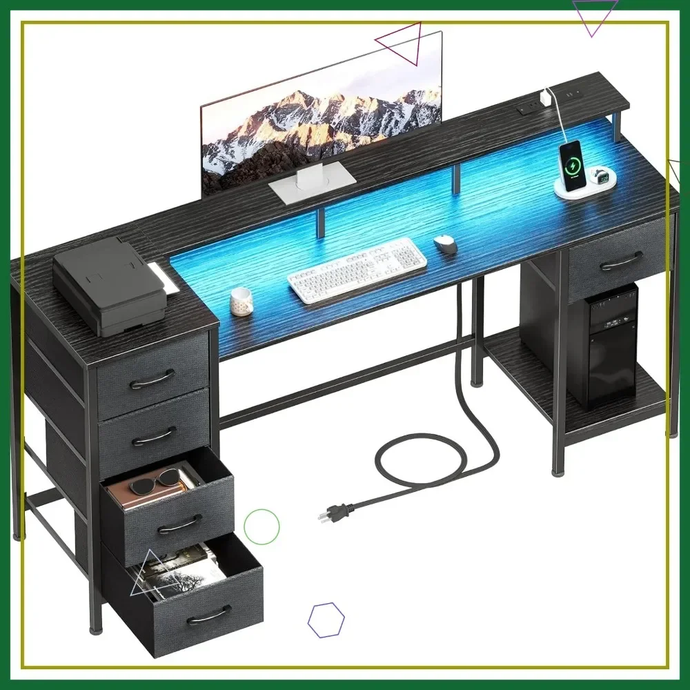 

Hot-selling55 Inch Gaming Desk with LED Lights, Power Outlets & Adjustable Storage Drawers for Home Office