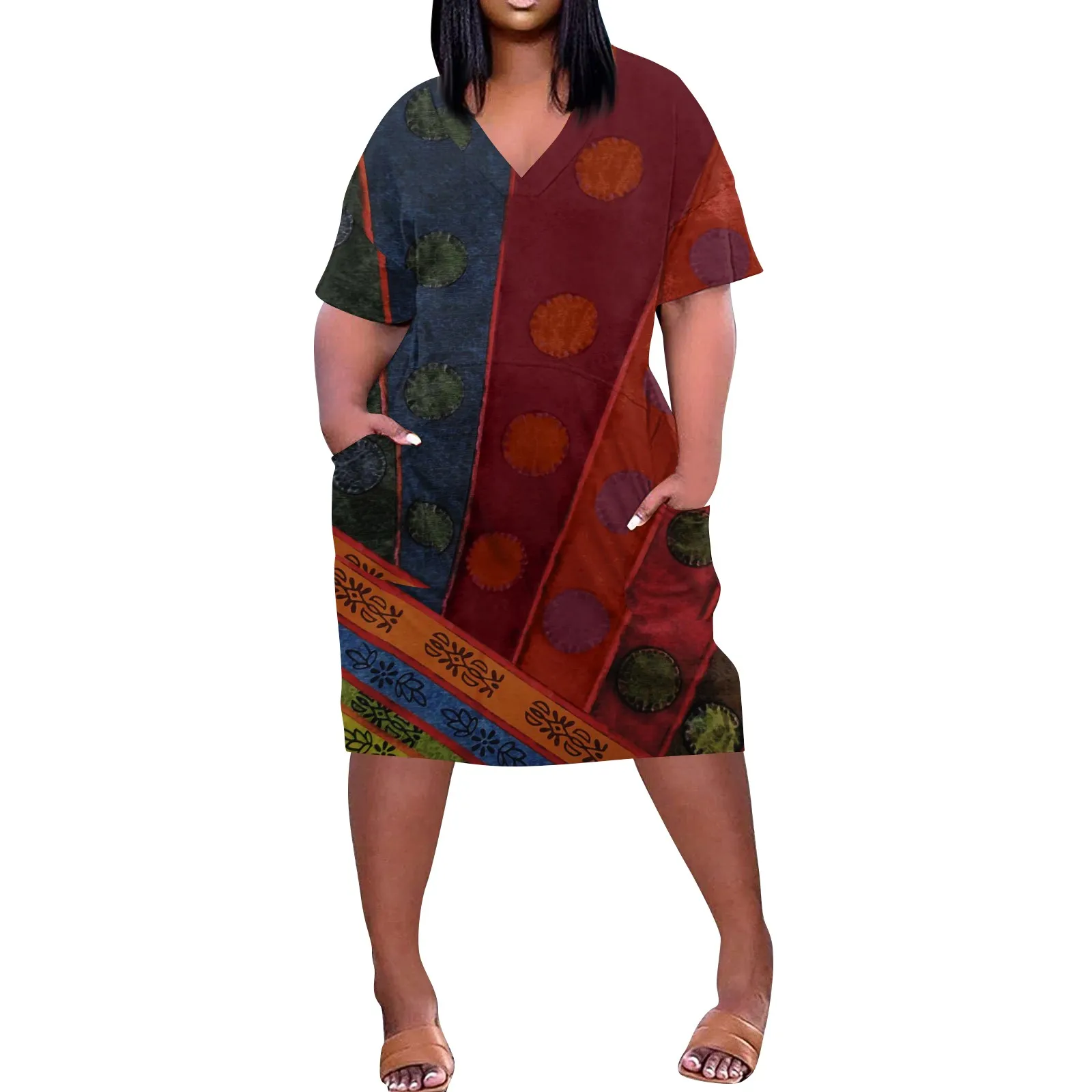 Gaun acara Formal elegan gaun panjang lutut motif modis untuk wanita 2024 V-Neck lengan pendek rok Longos