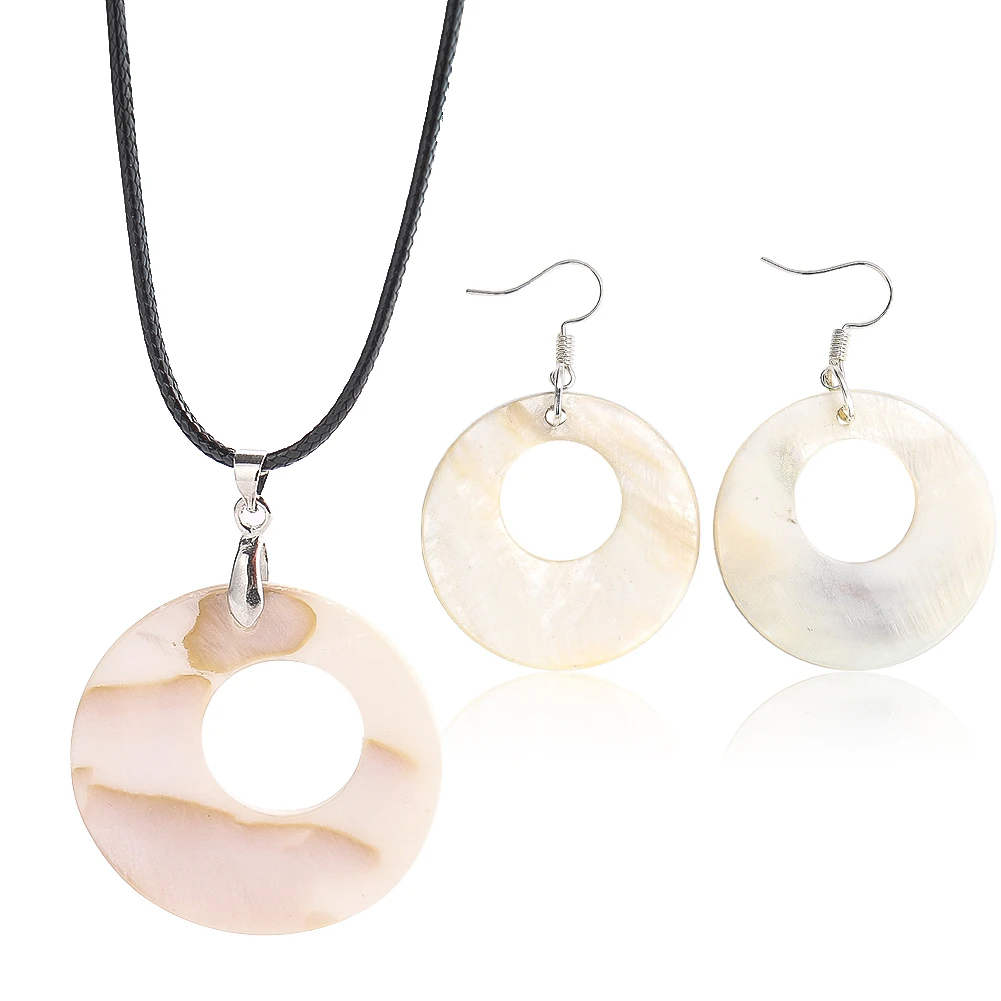 Natural Mother of Pearl Shell Geometry Circle Round Charm Dangle Earring Necklace Jewelry Sets Women Mother Choker Chain Jewelry