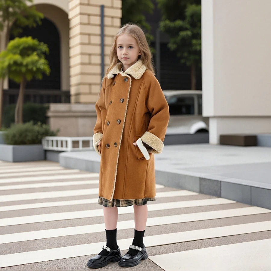 

2026 New Girls Faux Suede & Sherpa Coat Winter Children's Thick Stand Collar Faux Shearling Jacket Mid-Length Warm Outerwear