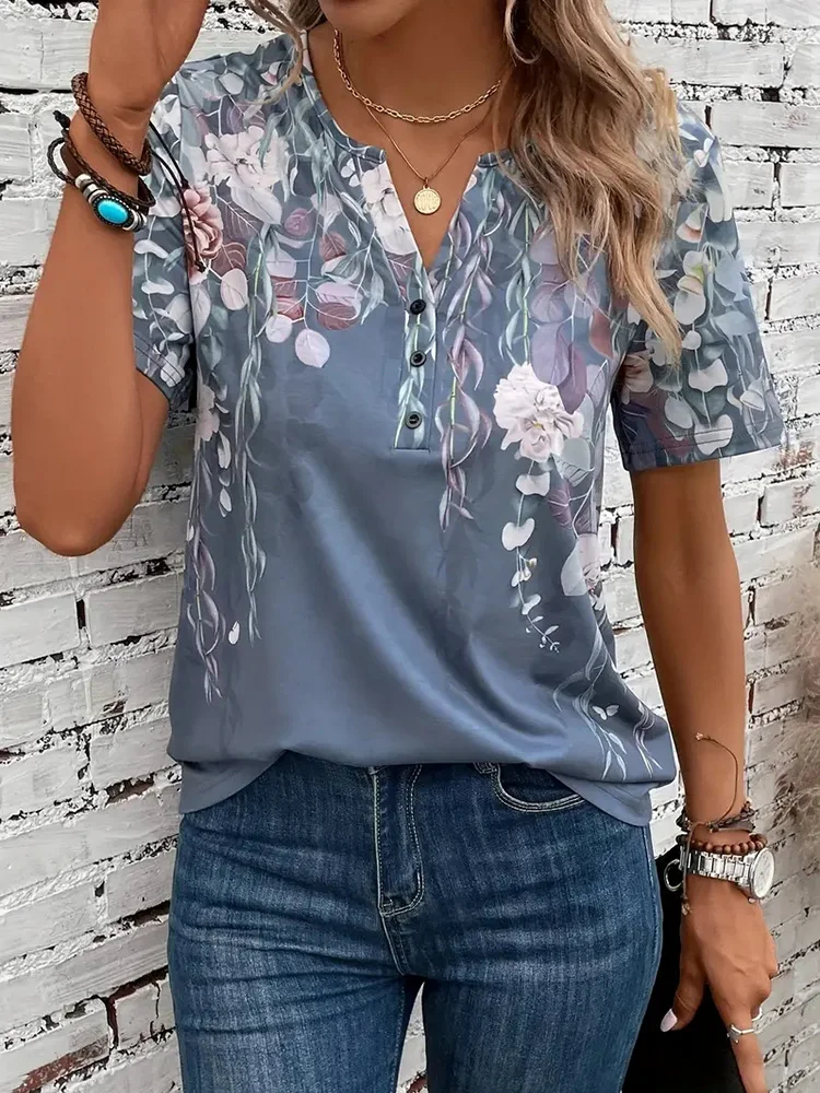 

Mugen Floral Print T-Shirt 2024 Summer Casual Short Sleeves T-Shirt Loose Gray Top 100% Polyester Button T-Shirt Women Clothes