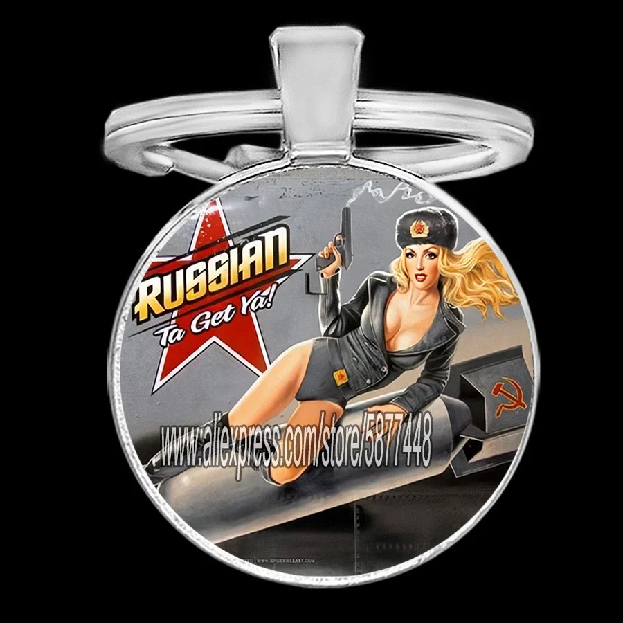 Sexy Women Glass Cabochon Keychain Gas Station Girl Pendent Key Ring Fashion Hot Woman on Rocket Key Chain Mens Jewelry