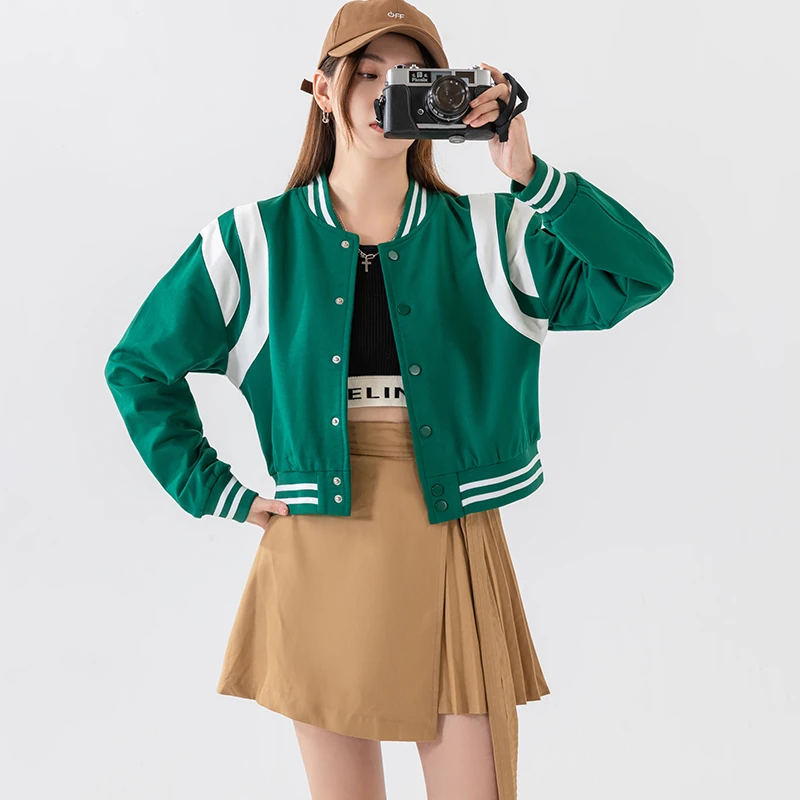 Varsity Crop Jackets For Women Long Sleeve Women\'s Y2K Color Block Vintage bomber jackets