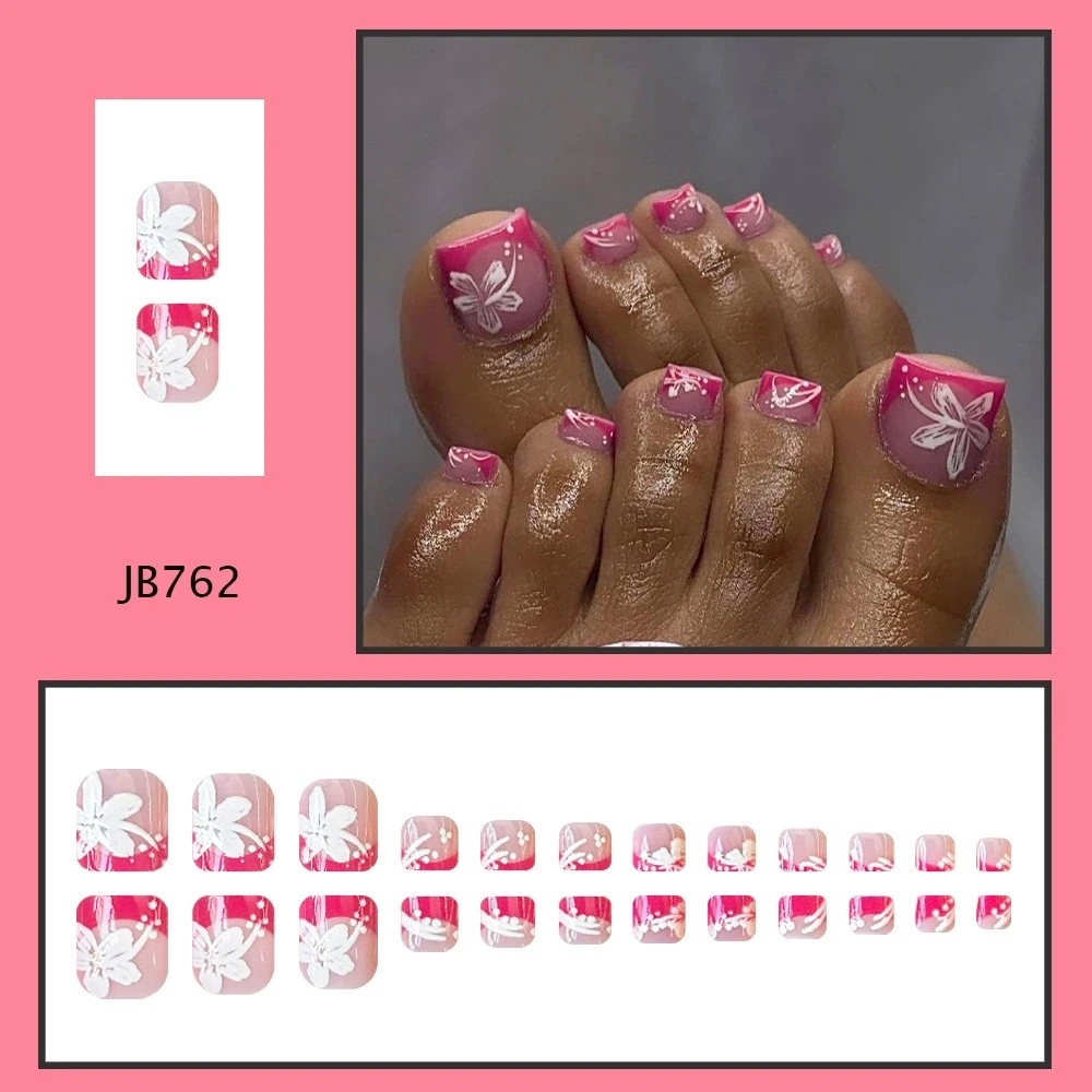 Uñas postizas para dedos de los pies, Flor francesa Retro rosa de verano, estilo ins, uñas postizas con purpurina corta, acabado