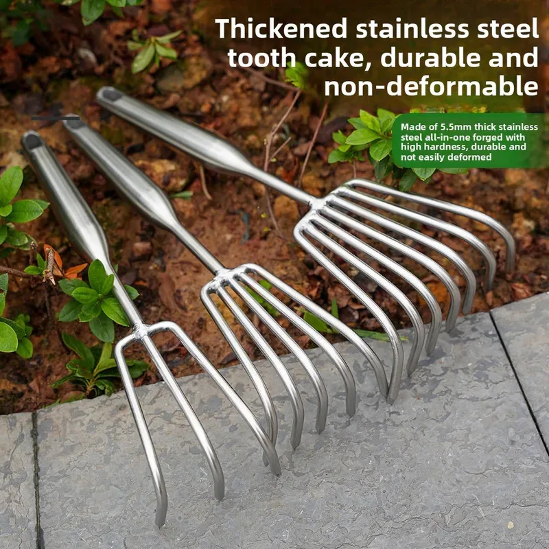 Kleiner Rechen aus Edelstahl mit 6 Klauen, integriertem Stahlgriff, Garten-Bodenrechen-Werkzeug für Garten-Bodenrechen und Jäten