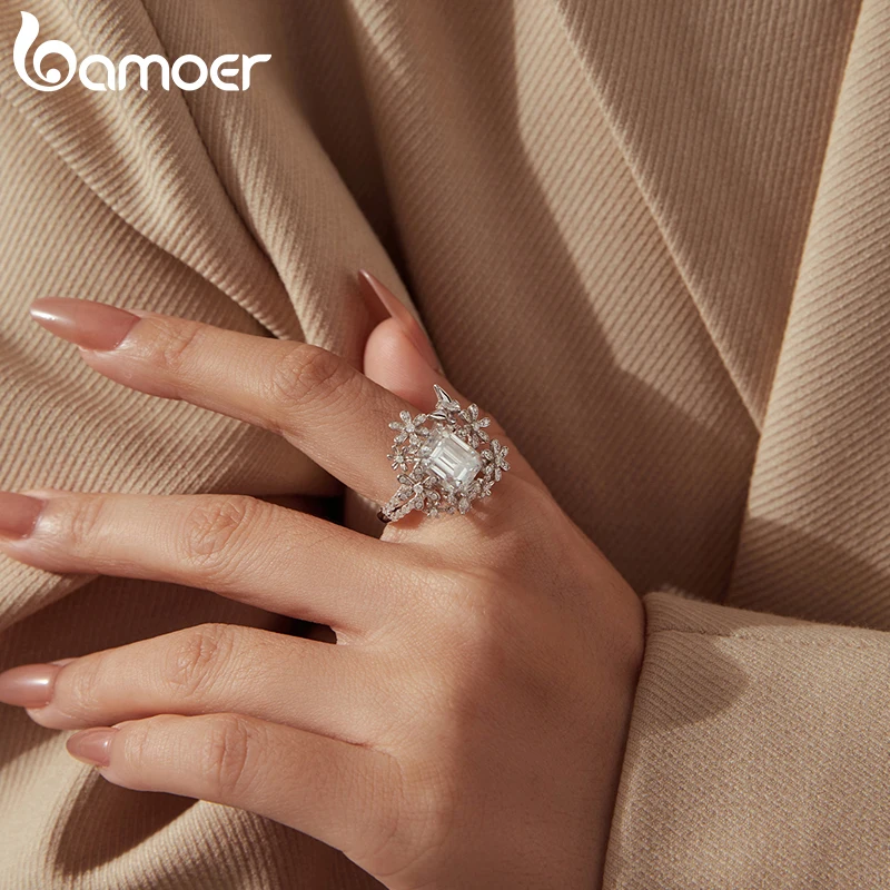 BAMOER Full Moissanite Flower Ring Emerald Cut Open Ring 925 Sterling Silver Twinkling Marquise Ring for Women Jewelry Gift