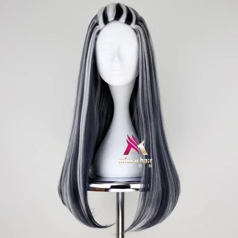 New wig frankie Monster High Frankie Cosplay Wigs 65cm Black Mix White Halloween Party Synthetic Cosplay Wig wig cap