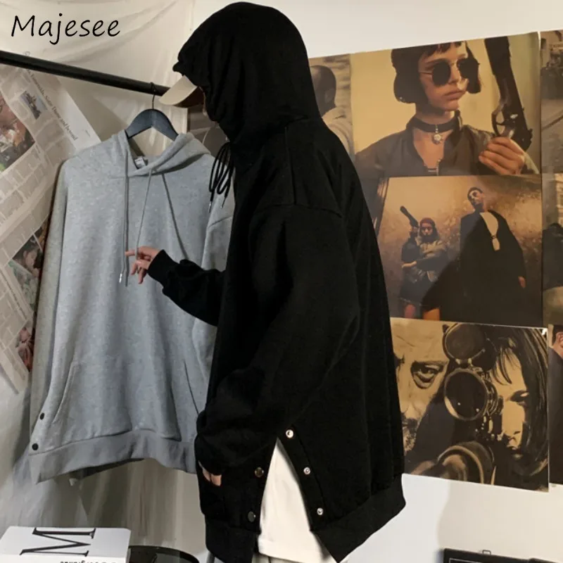 

American Vintage Designed Hooded Hoodies Men All-match Simple High Street Outwears Buttons Side Slit Fashion Baggy Sweatshirts