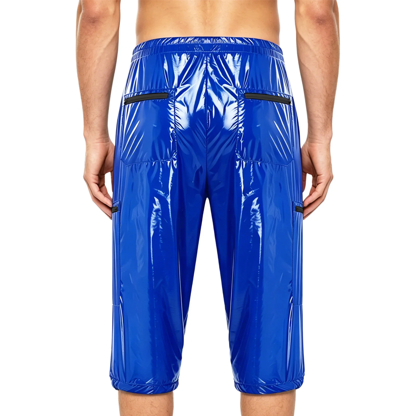Men Oil Glossy Cargo Shorts Waterproof Elastic Waist Band Multi-pocket Zipper Overalls Capri Pants Dance Clubwear Beach Swimwear - Image 2