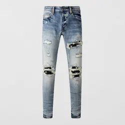 Street fashion high-quality men's jeans elastic tight patch retro light blue jeans men's designer hip-hop brand pants hombreY2K