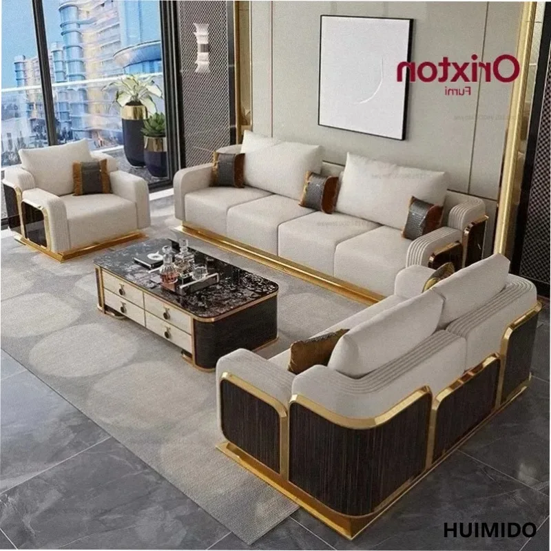 Luxury Sofa for The Living Room, Featuring Top-grain Cowhide Leather, Ebony Wood Grain Armrests, and A Solid Wood Frame.
