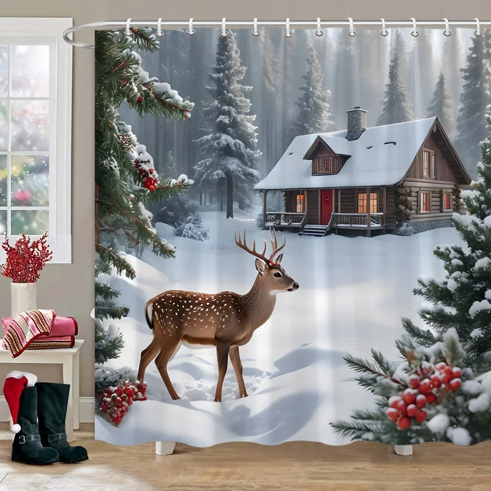 Winter Snow Forest Deer Shower Curtain Christmas Nature Landscape Christmas Gift Polyester Fabric Shower Curtains Bathroom Decor