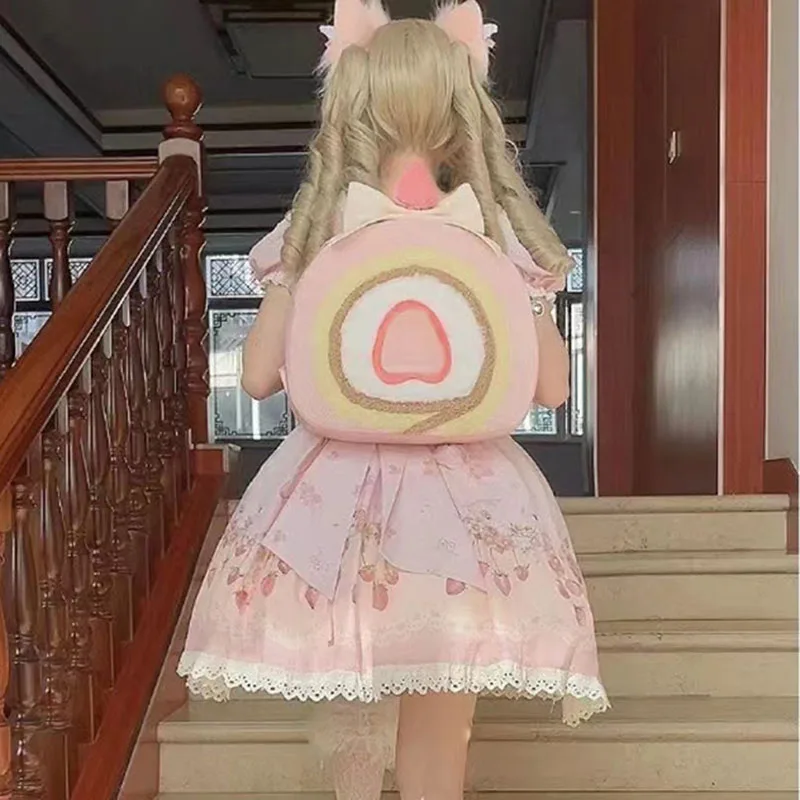 In Stock Cute Strawberry Cake Roll Bags For Women Sweet Kawaii Bag Pink Lolita Bag For Girl Christmas Gift Strawberry Backpack