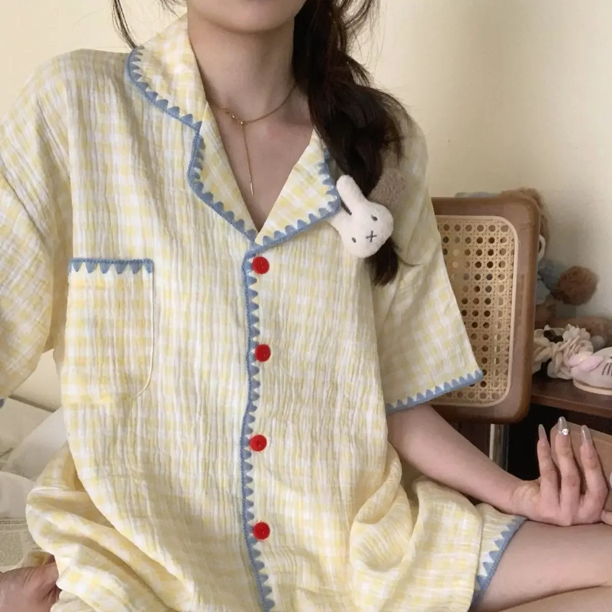 2026 New Women Pajama Set Korean Plaid Long Sleeve Sleepwear Yellow Home Clothes Comfortable Polyester Fiber Loungewear 5