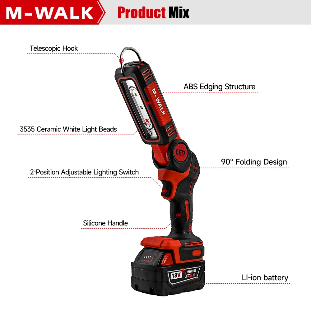 M-WALK 90° Folding LED Work Light Camping Flashlight With Hook Lighting Modes Lamp Power Tools For 18V Milwaukee Battery Pin