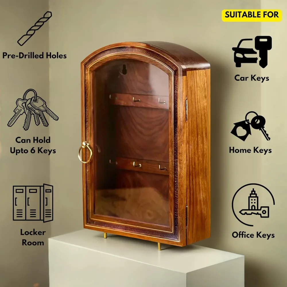 خزانة مفاتيح من خشب الورد مع 6 خطافات ولوحة زجاجية - حل تخزين مزخرف للمفاتيح #4