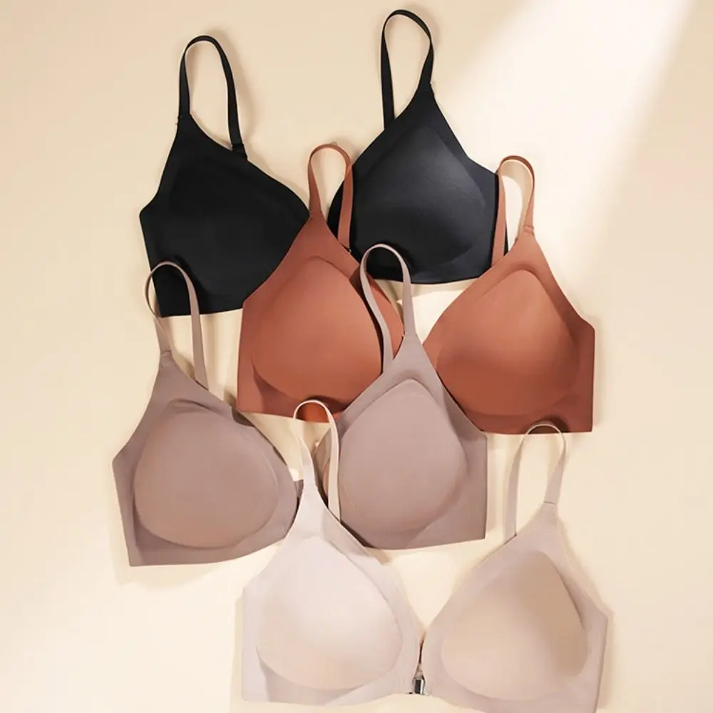 

One-piece Front Buckle Wireless Bra Breathable Brassiere Solid Color Push Up Bra V Neck Lingerie Women Seamless Bra Sleepwears