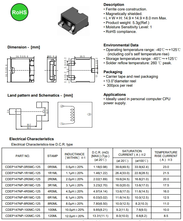 Imagem -04 - Smd Power Wound Inductor 15x15x8 mm 6.1uh 14.8a Cdep147np6r1mc-95 125 Novo e Original Pcs por Lote