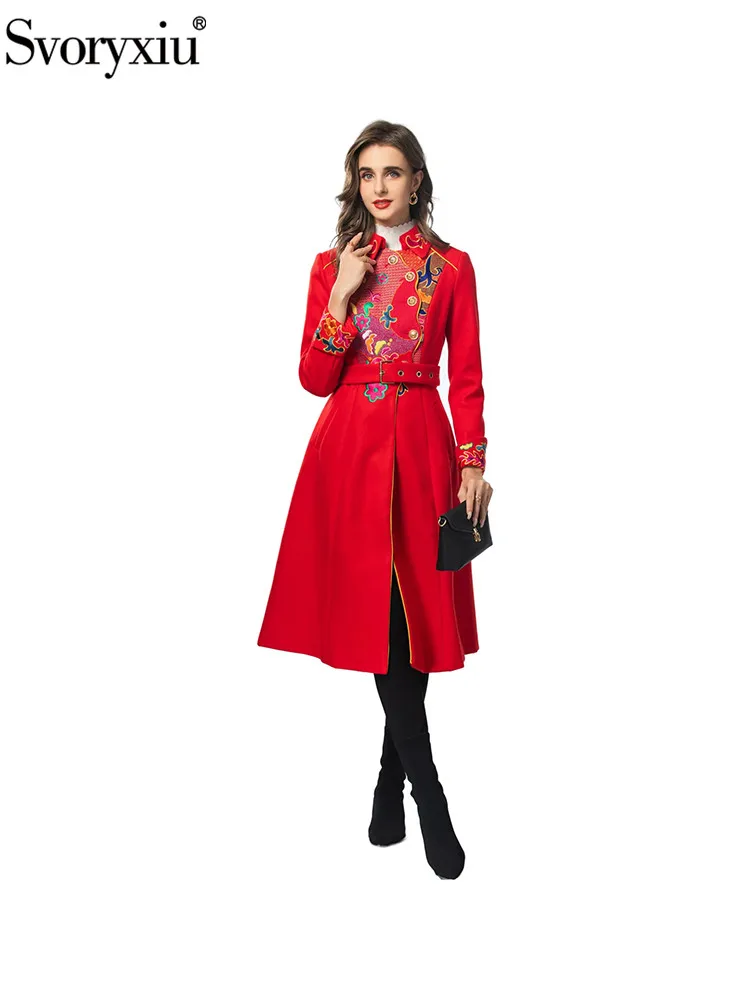 Svoryxiu Fashion Runway Winter Red Vintage Knee-Length Outerwear Women's Turn-down Collar Long Sleeve Belt Slim Embroidery Coat