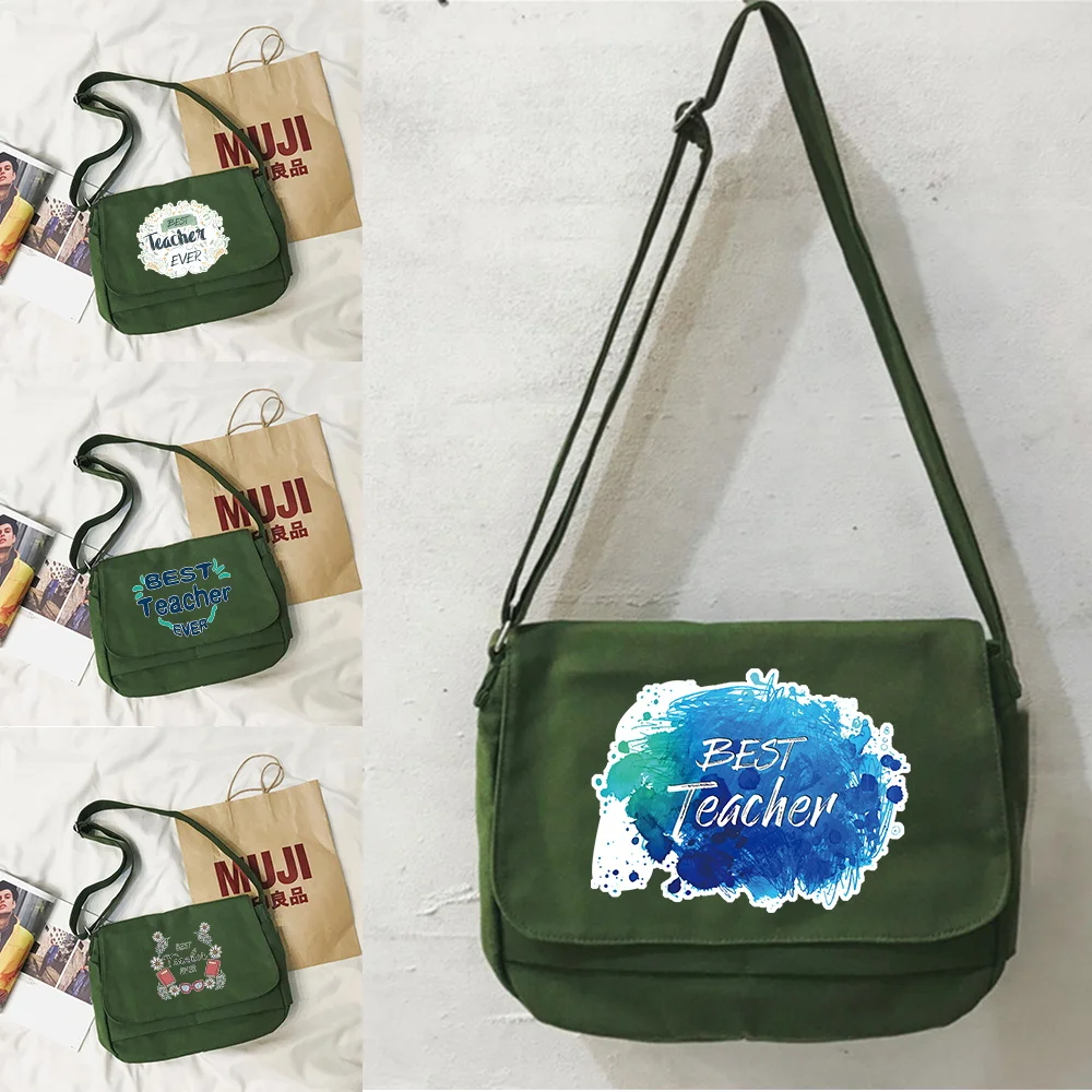 Messenger Bag Green Canvas Handbags Versatile Flip Large Capacity Book Pack Teacher Series Teenager Shoulder Messenger Bags