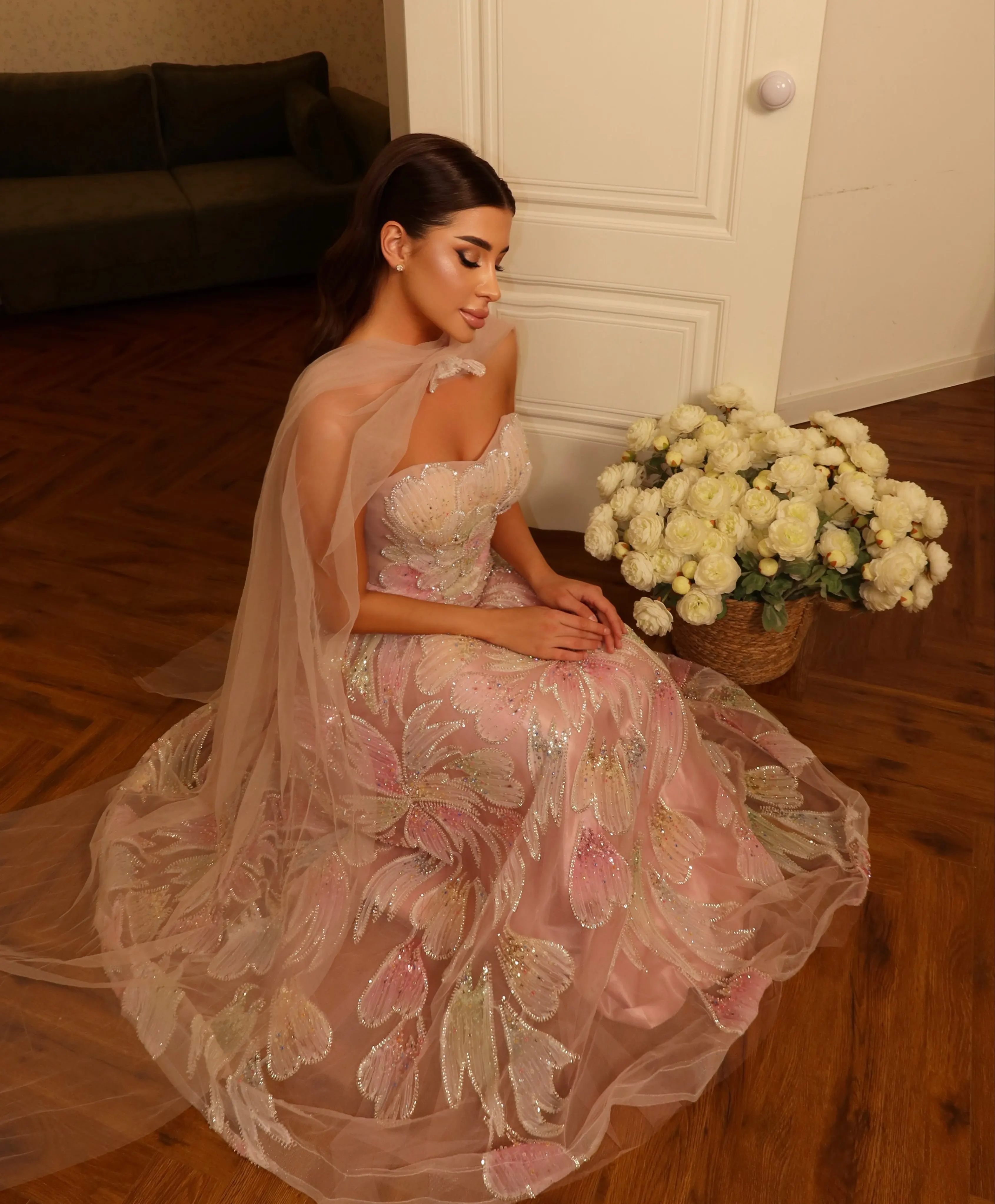 Blush Pink Beaded Evening Dress for Women Strapless Floral Sequin Tulle Formal Gown Wedding Guest Prom Party Dress