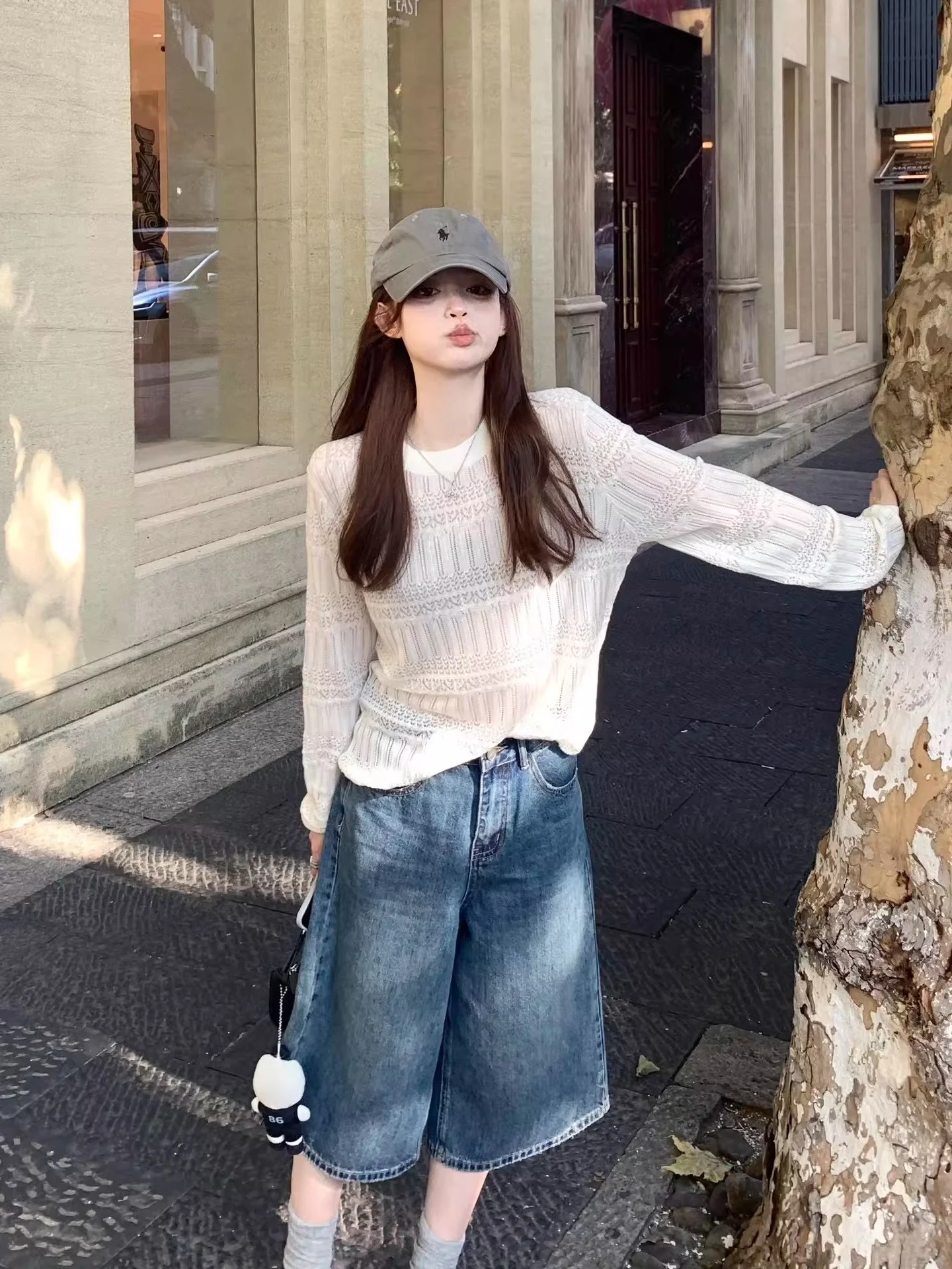 

Spring Faion plus Size Knitted Hollow Long Sve Top And Seven-Foot Wide Leg Jeans Set Women's Casual Sle High Waist