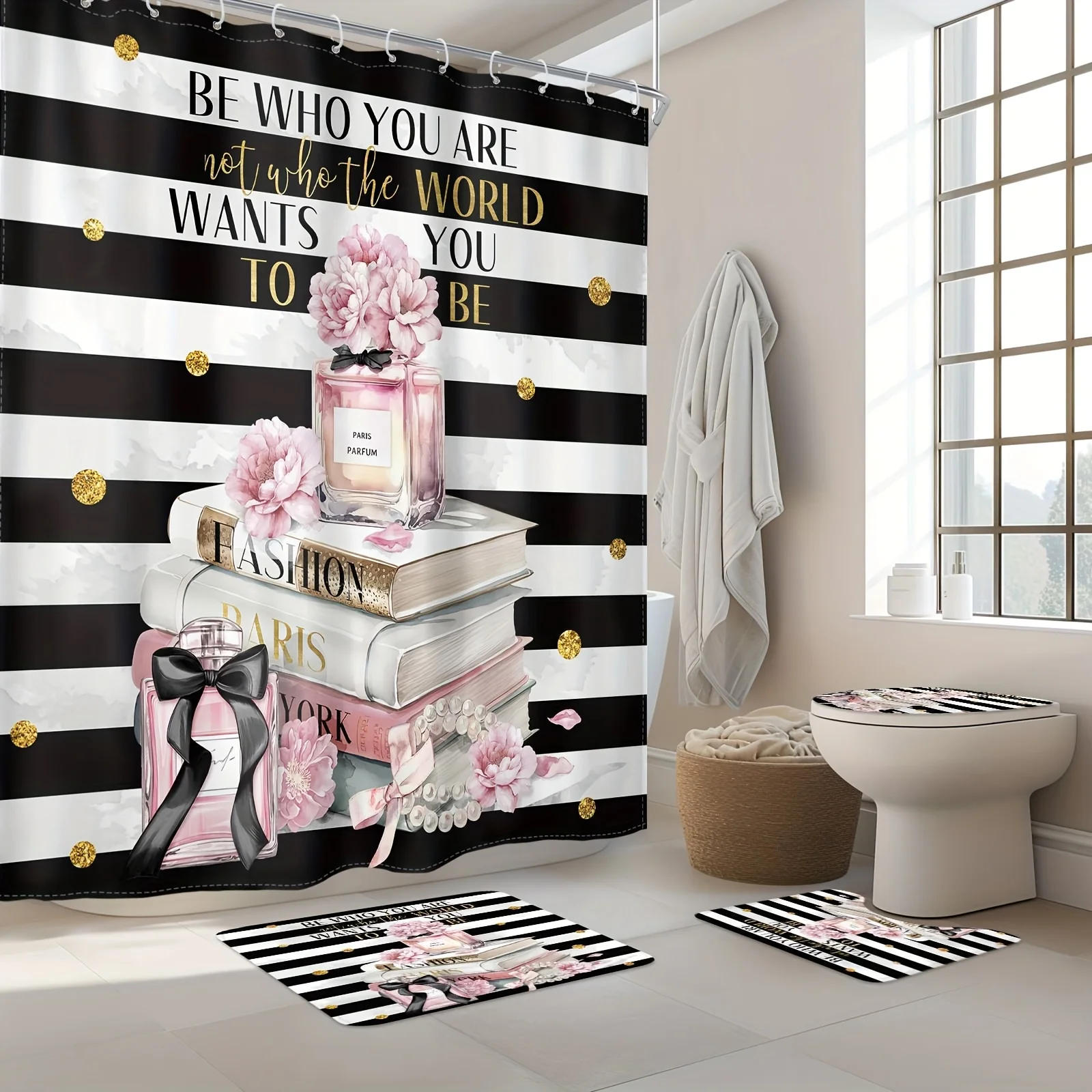 

Chic Pink Paris Theme Bathroom Four-Piece Set - Stylish Waterproof Shower Curtain for a Complete Bathroom Set