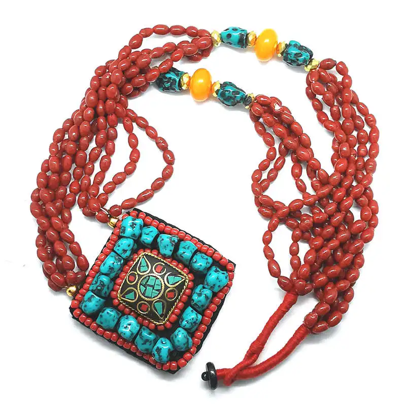 Tibetan jewelry Big Squre Pendant Necklace with Red Lampwork Glass Beads Chain TNL202