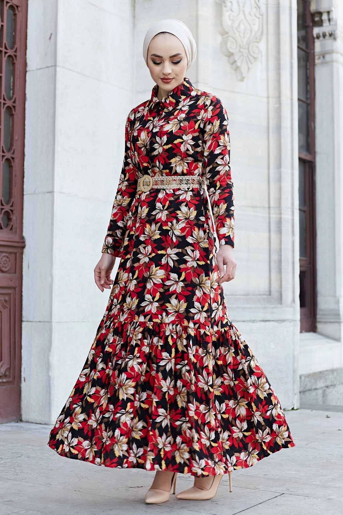 Straw Arched Flower Pattern Dress M-Red Winter Autumn 2021 Muslim Women Hijab headscarf Islamic Turkey